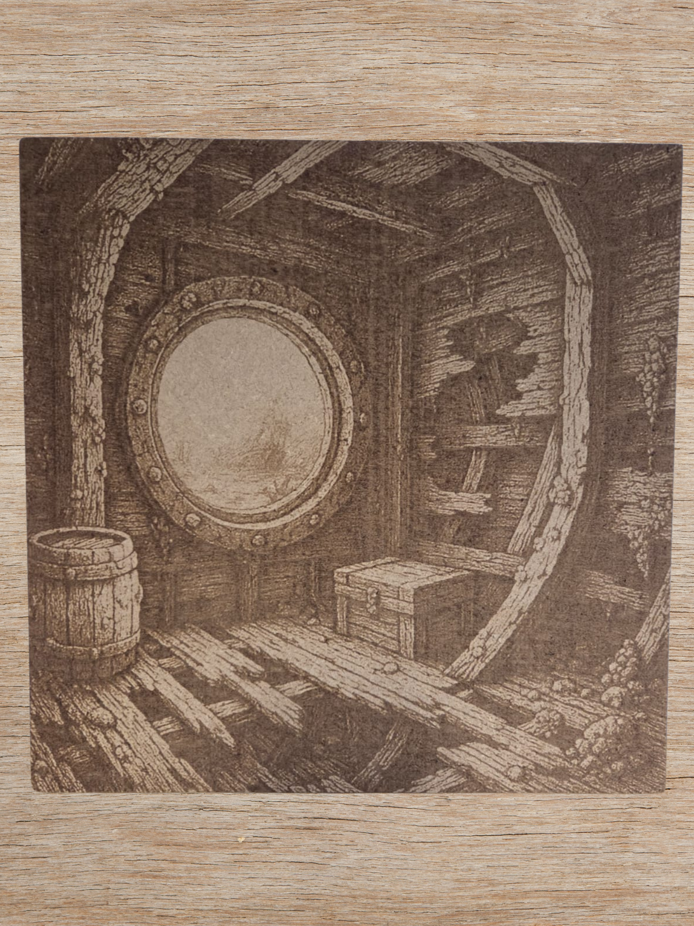 Rustic wood-burned art of ship interior with porthole and barrel