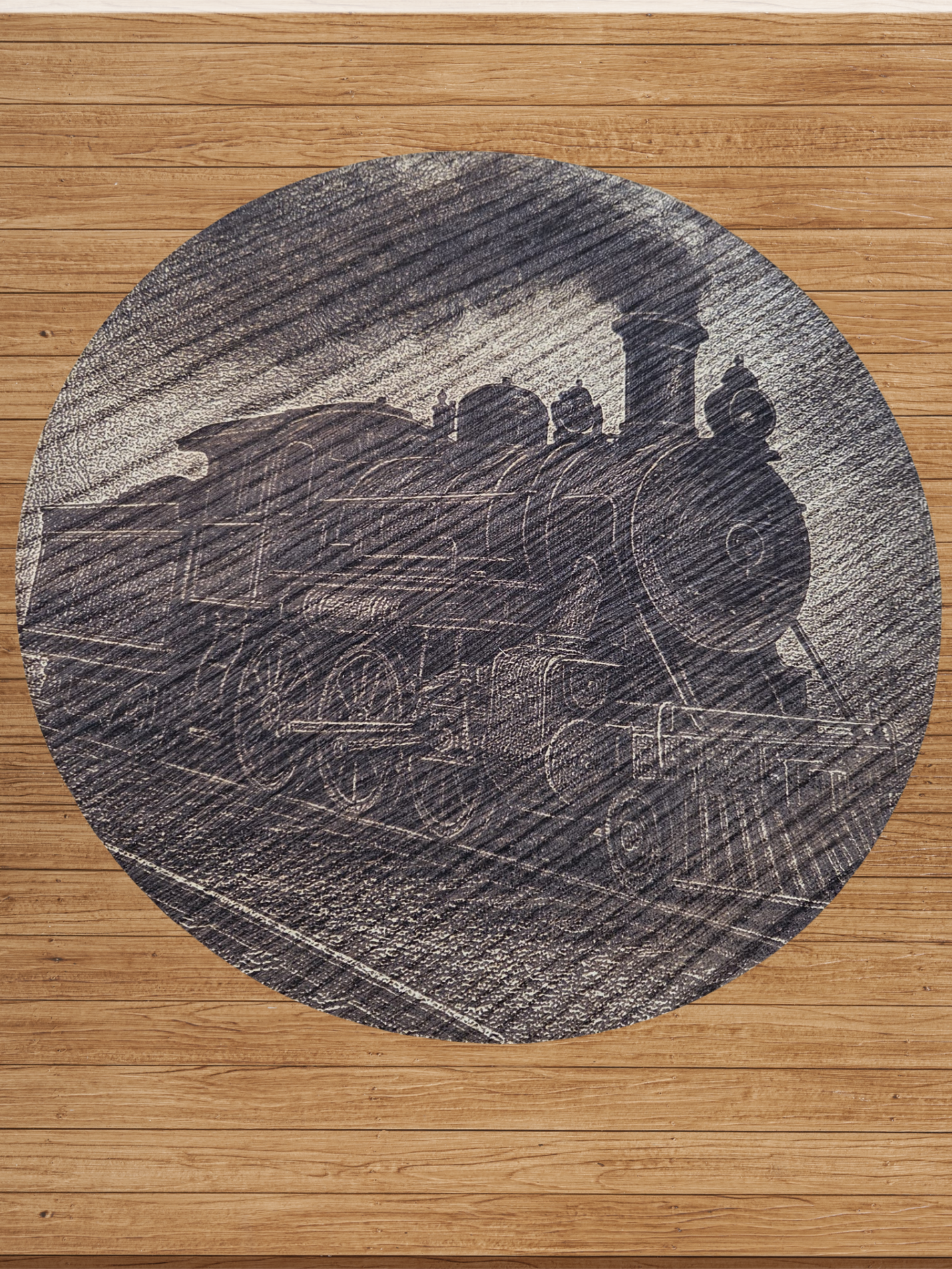 Vintage steam locomotive etched on wooden surface in oval frame