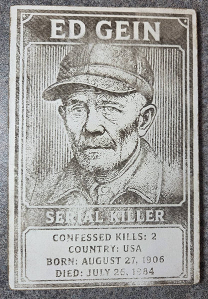 Degen Design Serial Killer Collector Card #5 – Ed Gein features a laser-engraved portrait with crime stats, ideal for true crime trading card collectors.