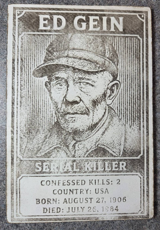 Degen Design Serial Killer Collector Card #5 – Ed Gein features a laser-engraved portrait with crime stats, ideal for true crime trading card collectors.