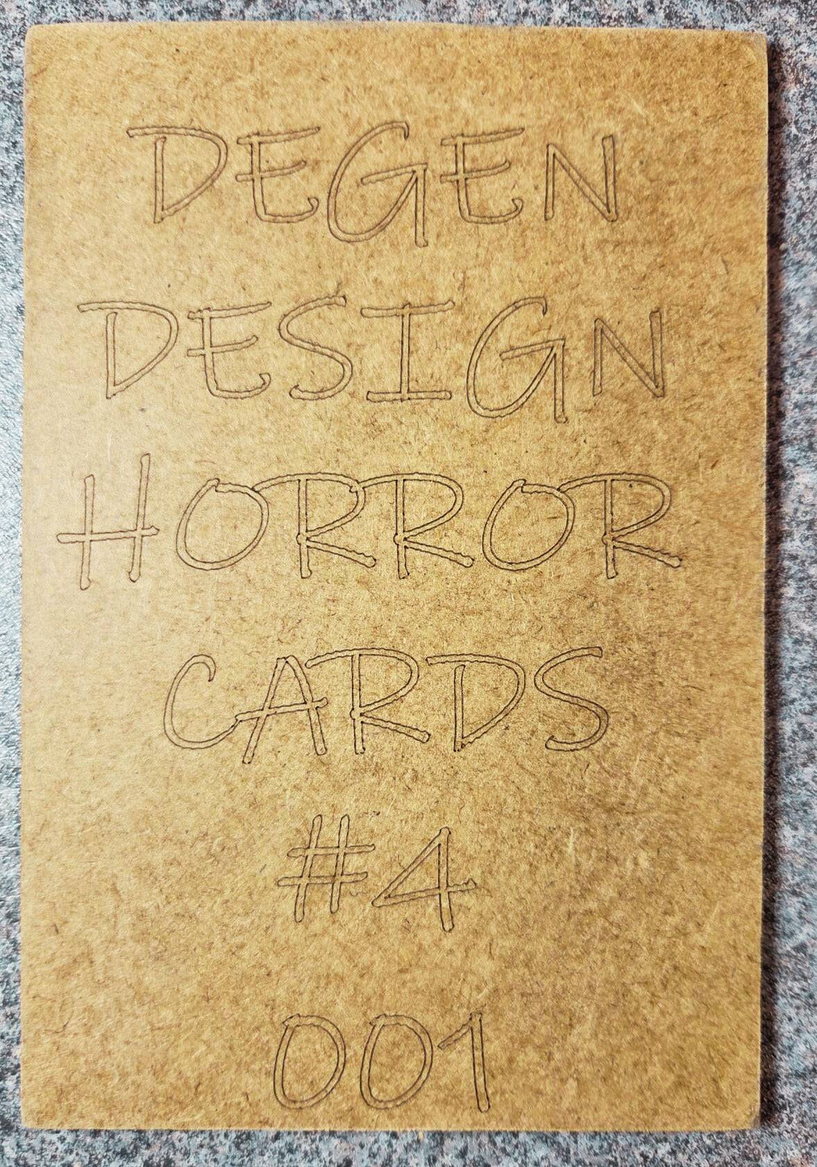 Back of Richard Ramirez Collector Card - The Night Stalker by Degen Design, labeled Horror Cards #4 001, laser-engraved on wood for collectors.