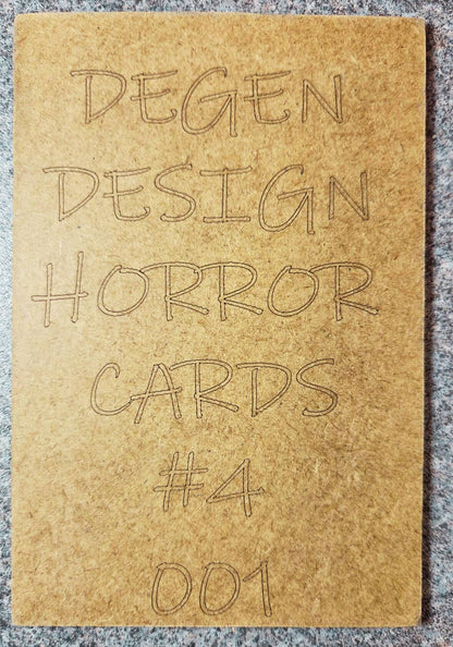 Back of Richard Ramirez Collector Card - The Night Stalker by Degen Design, labeled Horror Cards #4 001, laser-engraved on wood for collectors.