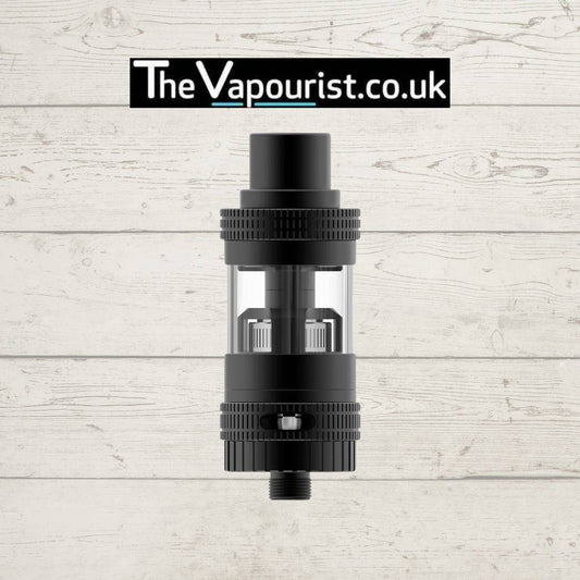 Black Uwell Crown Tank vaporizer with top-fill design and dual adjustable airflow, known for reliability and coil performance in sub-ohm vaping.