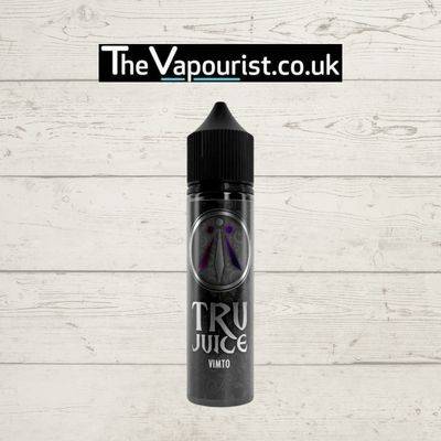 TRU Juice Vimto 50ml vape liquid featuring bold and juicy fruit blends with dark berries and grape, displayed against a rustic wood background.