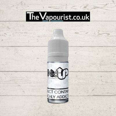 NicUp ICE Nic Shot 50/50 18mg e-liquid bottle with menthol nicotine blend, displayed against a white wood background for TheVapourist.co.uk.