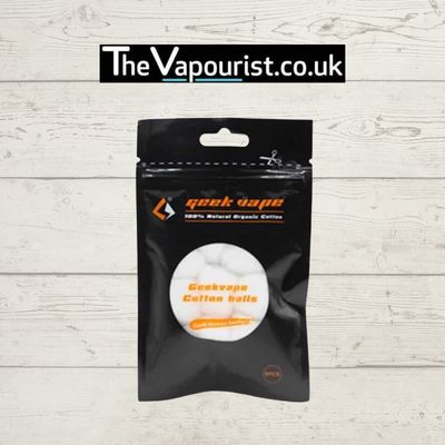 GEEKVAPE Cotton Balls - RDA, RTA, and RDTA Compatible, shown in black resealable packaging with visible white cotton inside. Ideal for rebuildable vape atomizers.