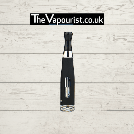 Aspire CE5s Tank with BVC coil compatibility and Eros thread, shown in black with metal sleeve for mouth to lung vaping. Ideal for classic vape users