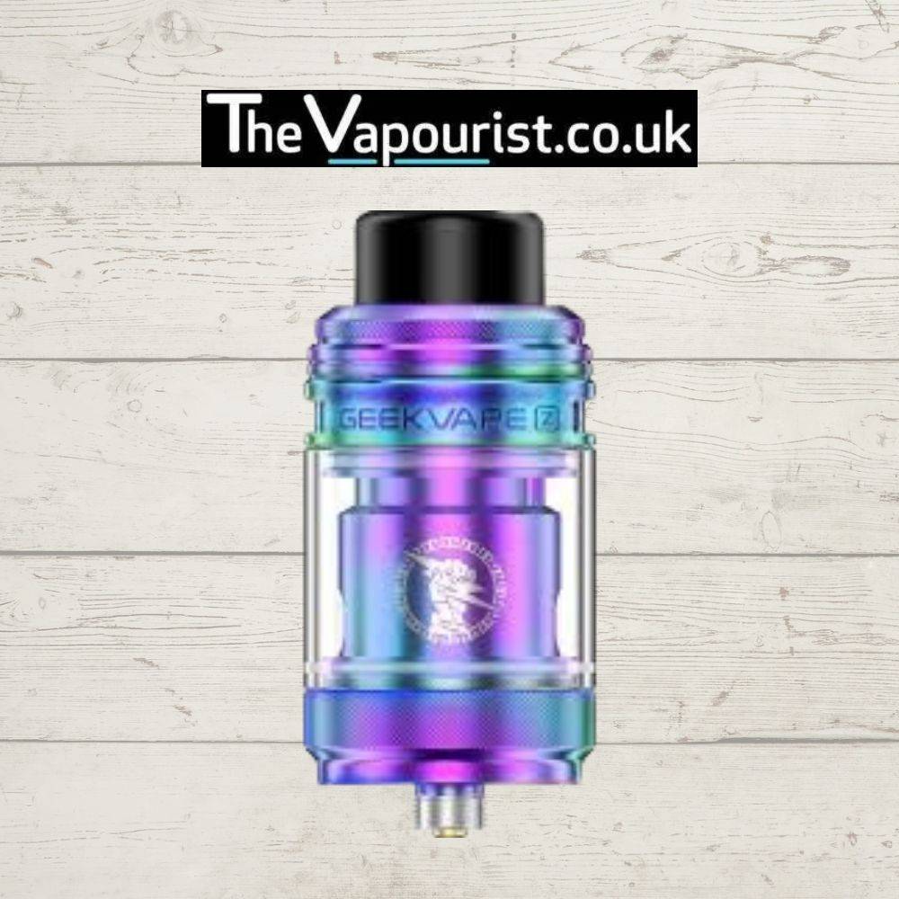 Rainbow-colored GEEKVAPE Z Zeus Tank offering superior flavour and leak proof performance for high-powered vaping.