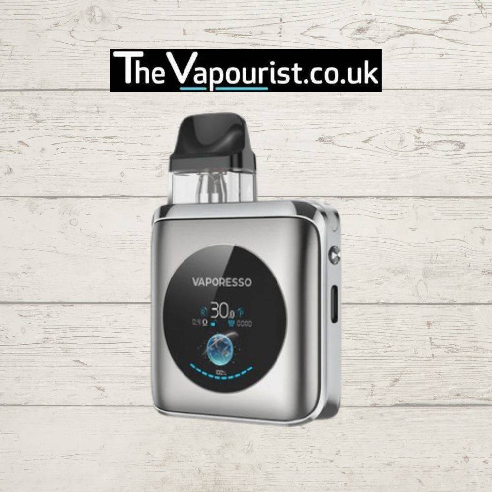 Vaporesso XROS 4 Nano Pod Kit in silver finish, featuring a compact square design with digital display, available at TheVapourist.co.uk.