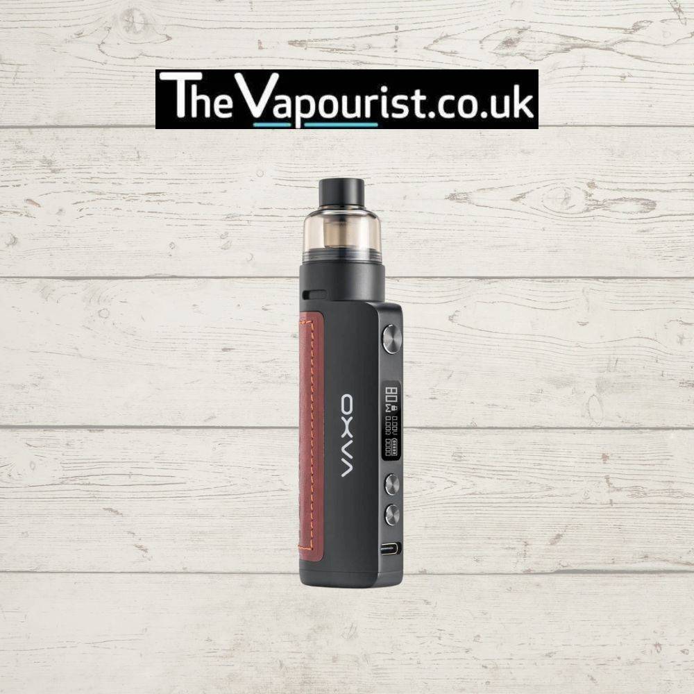 OXVA Origin 2 Kit in black with red leather grip, a high powered pod system offering up to 80W output for versatile vaping needs.