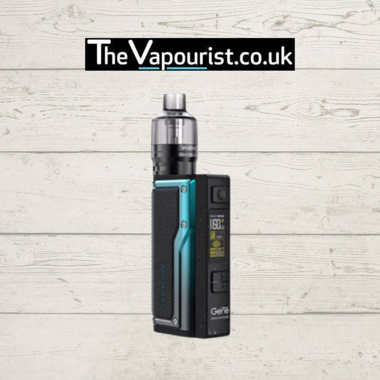 VooPoo Argus GT Kit in teal and black with dual 18650 battery setup, displayed on a rustic wood background for high-performance vaping.