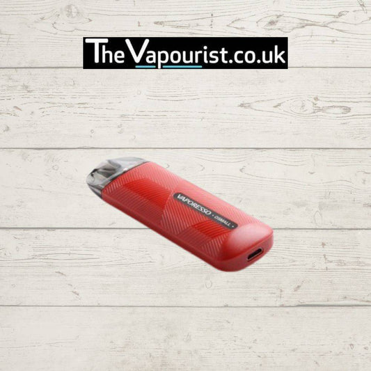 Vaporesso Osmall Pod Kit in red color, a lightweight and pocket-friendly vape ideal for beginners, displayed on a rustic white wooden background.