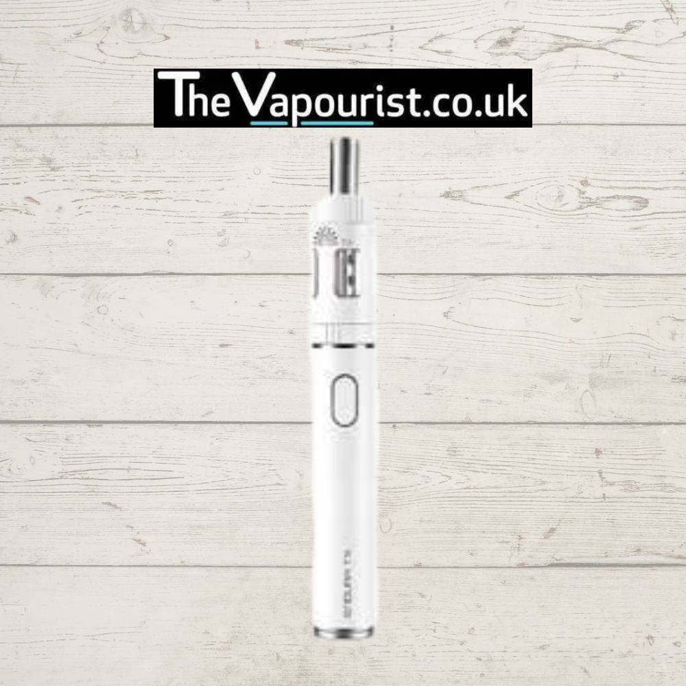 White Innokin Endura T18E Kit MTL vape device, designed for smoking cessation, shown with clear tank and single-button control.