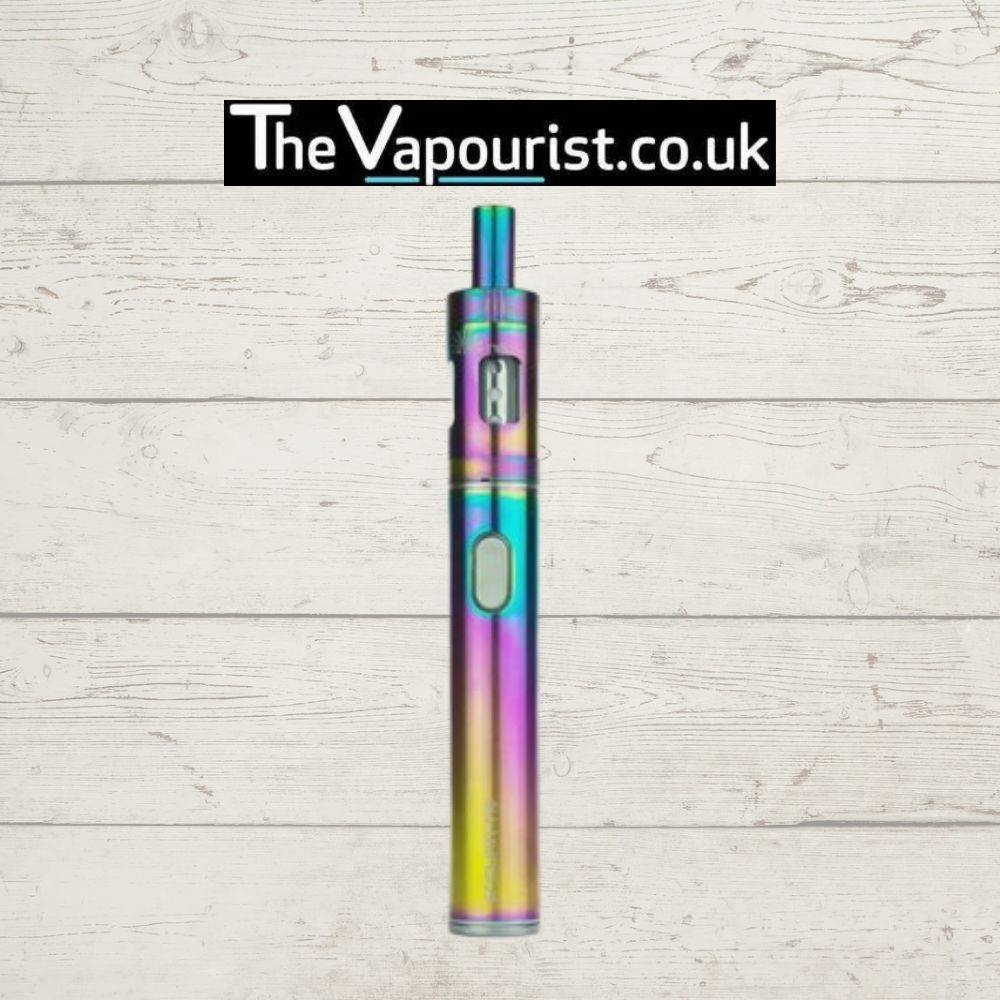 Rainbow-colored Innokin Endura T18E Kit vape pen with mouth-to-lung design, ideal for smokers switching to vaping. Displayed on rustic wood background.