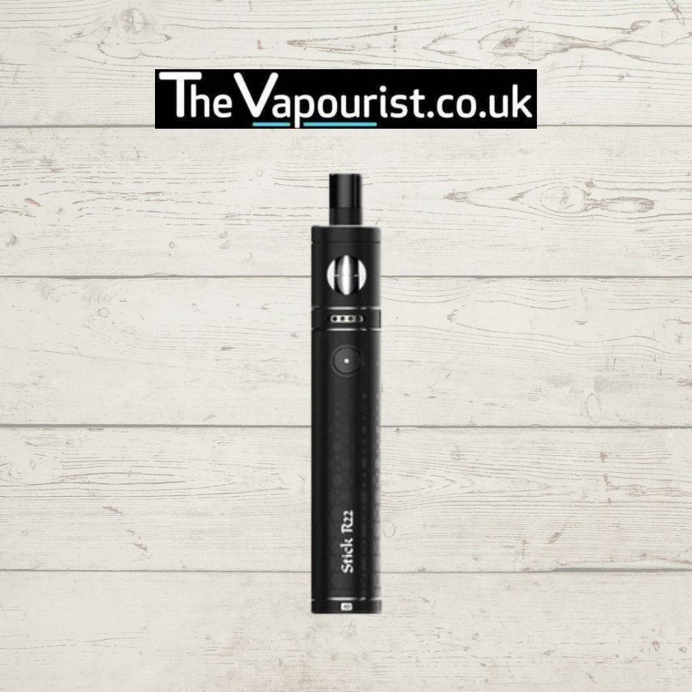 SMOK Stick R22 Kit in black with built-in 2000mAh battery, displayed vertically on a rustic white wooden background. Ideal for compact vaping needs.