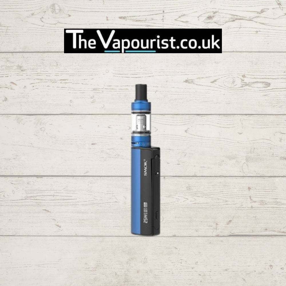 SMOK Gram 25 Kit in blue color with tank, showcased against a white wood background. Ultra portable and easy to use MTL vape kit.