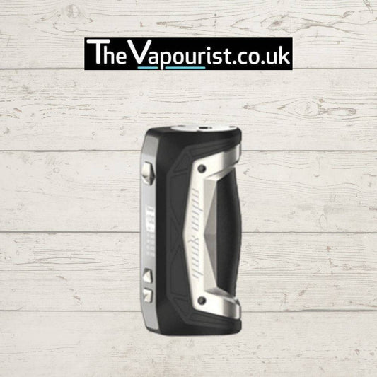 GEEKVAPE Aegis Max Mod in silver and black finish, delivering up to 100W of output, displayed on TheVapourist.co.uk background.