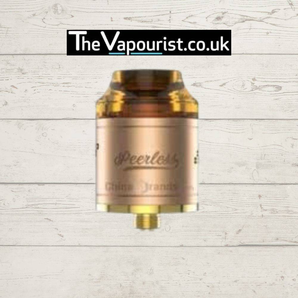 GEEKVAPE Peerless RDA in gold finish, designed for exceptional flavour and cloud production, available at The Vapourist.co.uk.