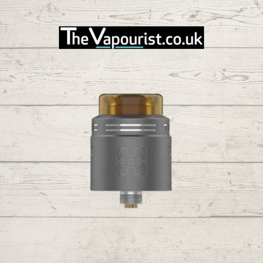 GEEKVAPE Talo X RDA in matte grey finish with postless build deck, ideal for single and dual coil vaping setups.