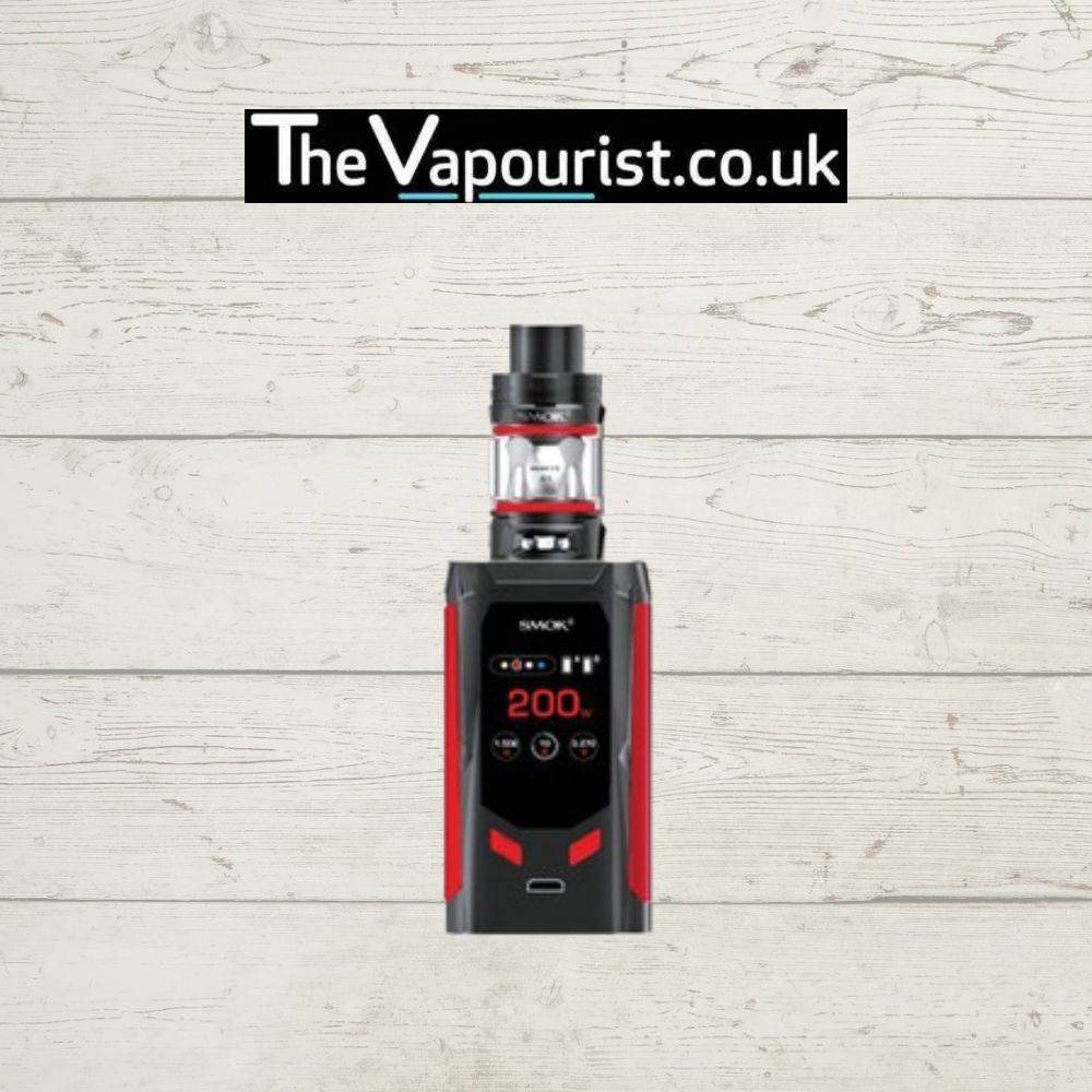 SMOK RKiss Kit - High Powered Dual 18650 200W Vape Device in black and red with TFT screen, displayed on rustic wood background.