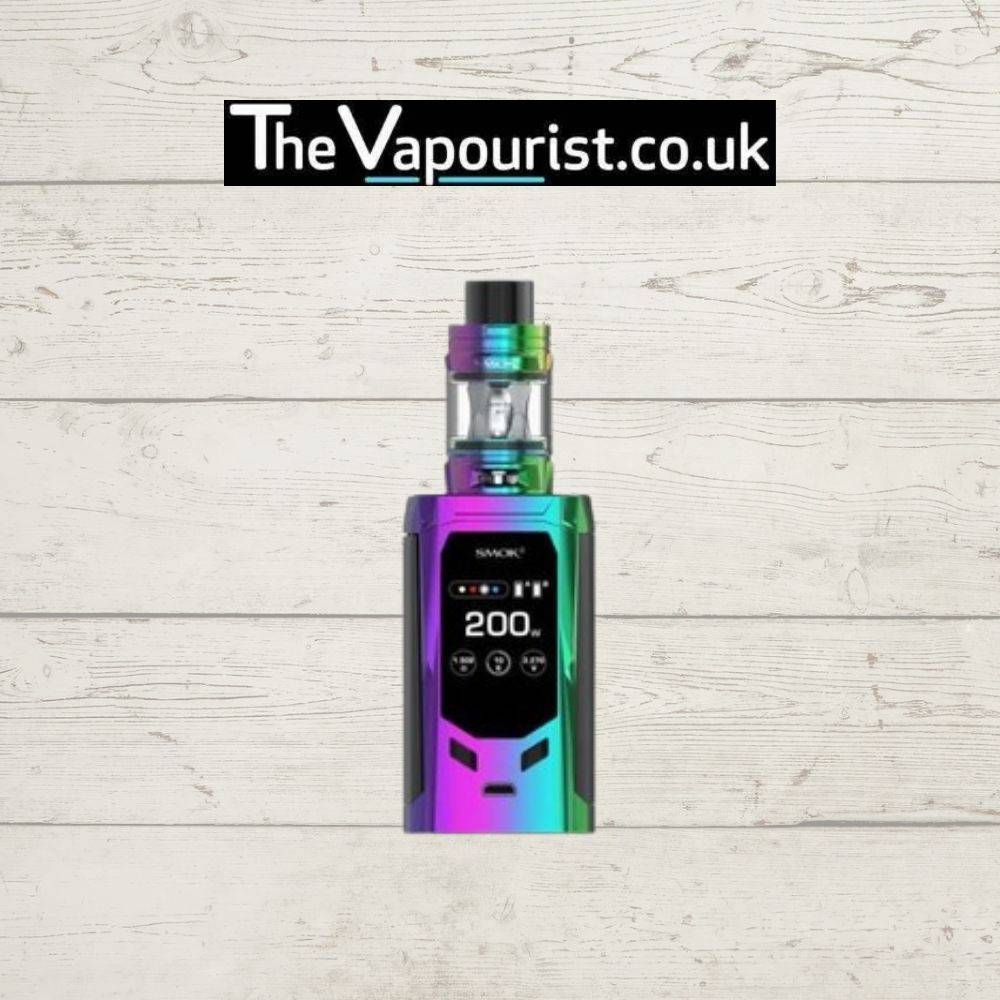 SMOK RKiss Kit - High Powered Dual 18650 200W Vape Device in rainbow finish, featuring a bold design and digital display, ideal for advanced vapers.