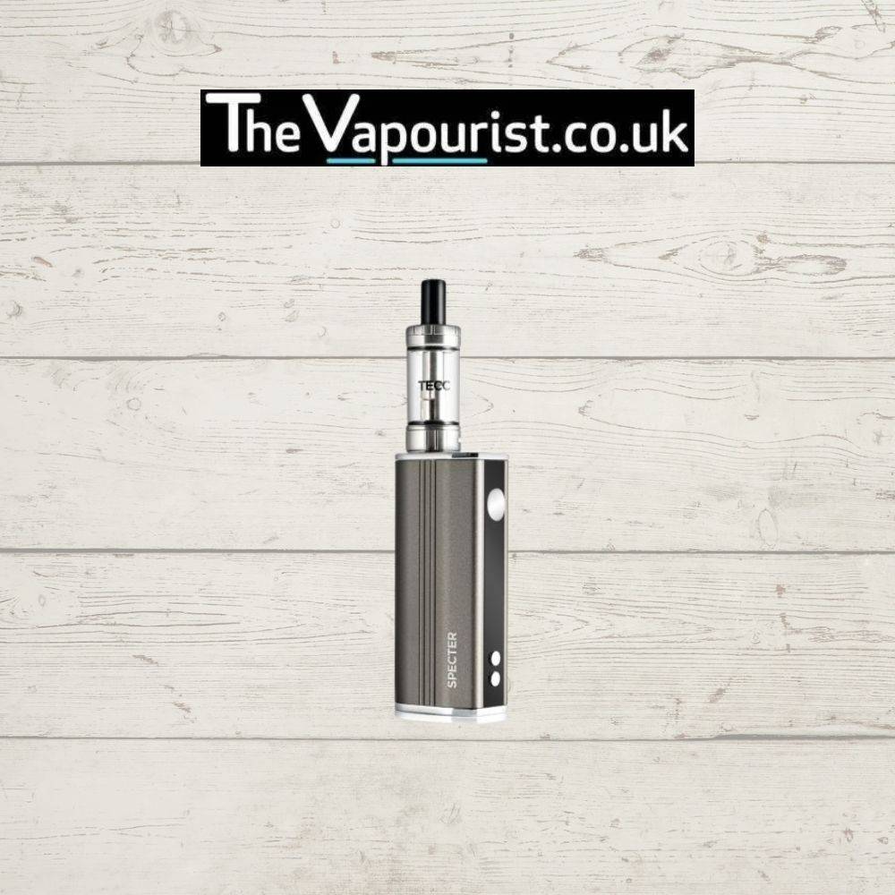 TECC Specter Kit vaporizer displayed against wood background, highlighting its elegant build and reliable long-lasting battery for daily vaping.
