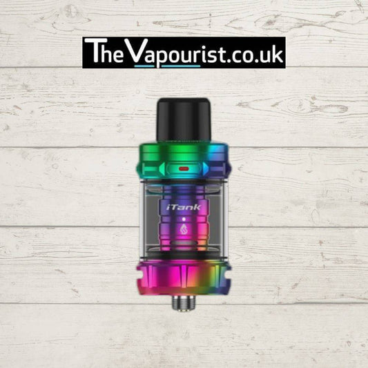 Vaporesso Itank 2 sub-ohm tank in rainbow finish with slide-to-open top-fill system, ideal for flavour and cloud production.