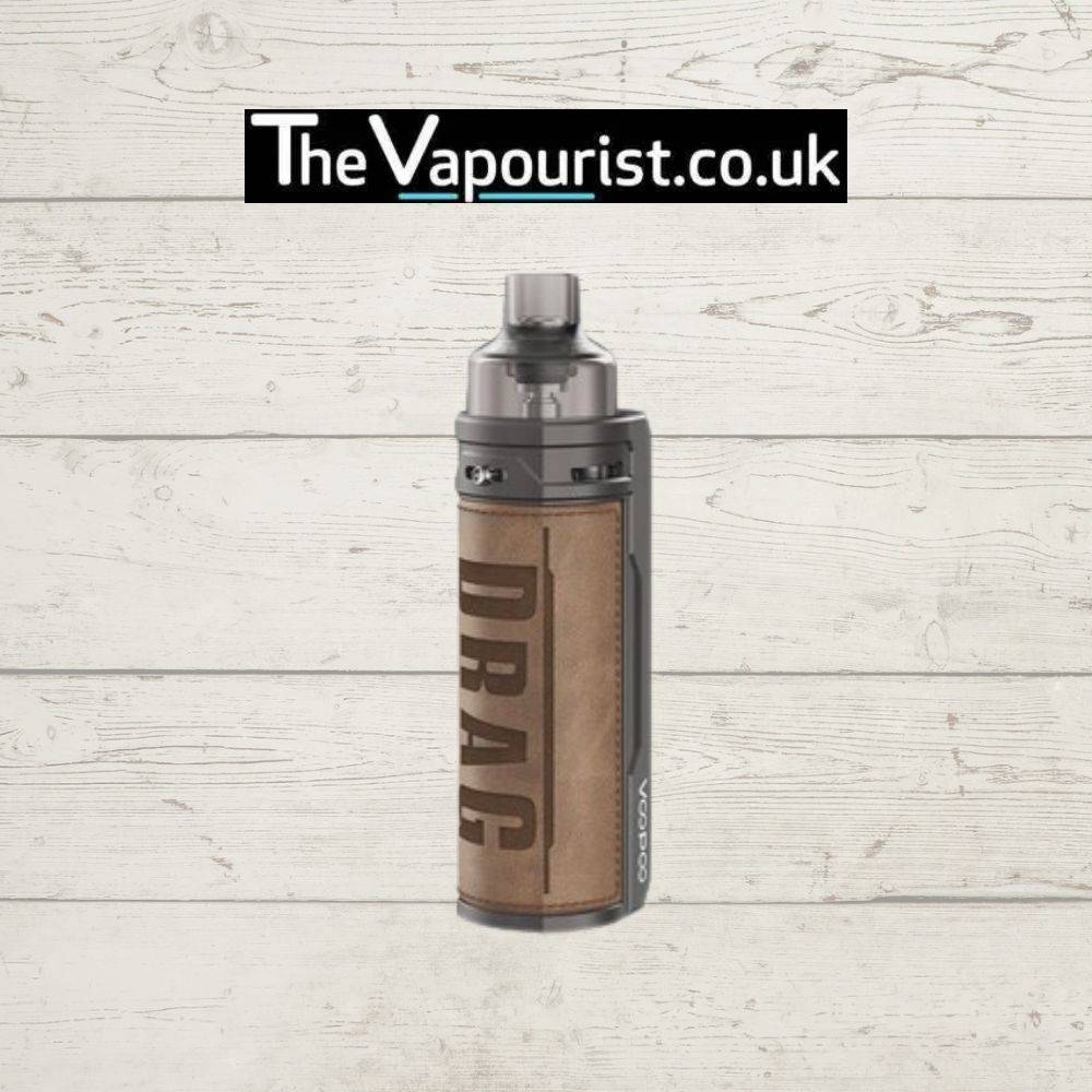 Voopoo Drag S Vape Kit in classic brown leather, offering a sleek, compact body with adjustable wattage and versatile PnP pod compatibility.