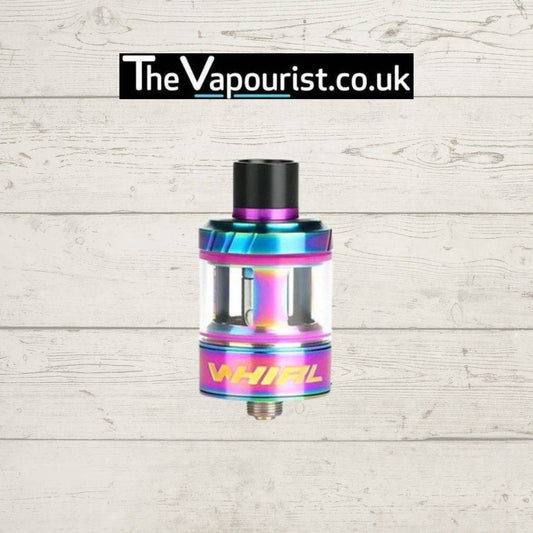 Uwell Whirl 22 Tank compact and user-friendly vape tank in rainbow finish, ideal for MTL and restricted DTL vaping, displayed on wood background.