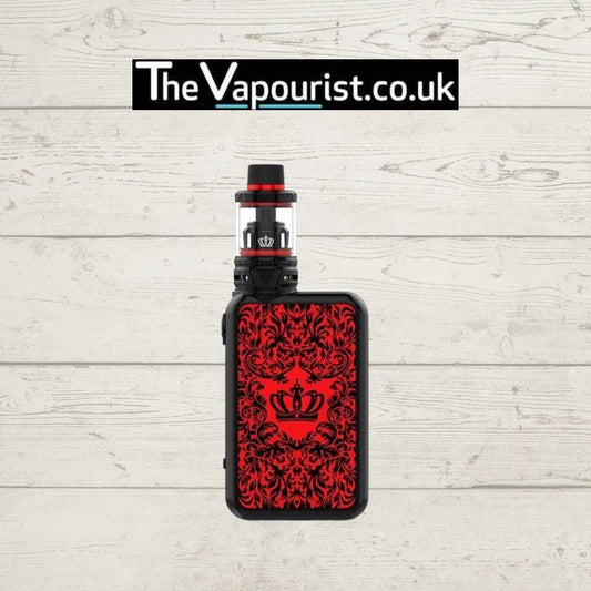 Uwell Crown IV 4 Kit - Dual Battery Sub-Ohm Power Kit in red and black with crown emblem, shown against a rustic white wood background.