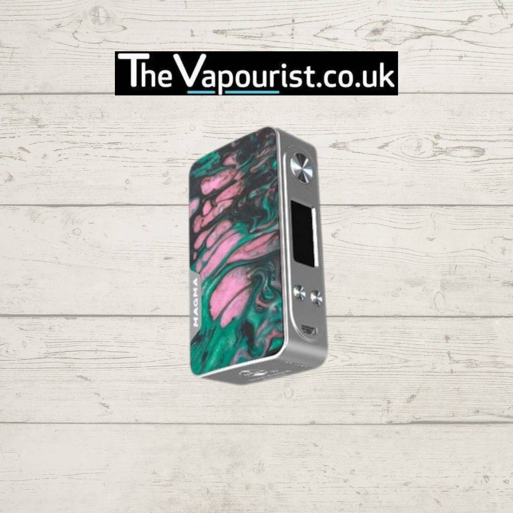 Famovape Magma Mod - Dual 18650 Battery Box with pink and green resin swirl. High-performance 200W mod for stylish vaping.