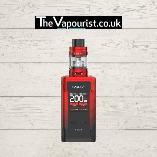 SMOK RKiss 2 Kit in red with TFV Mini V2 Tank, featuring dual 18650 battery support and 200W power on a rustic wood background.