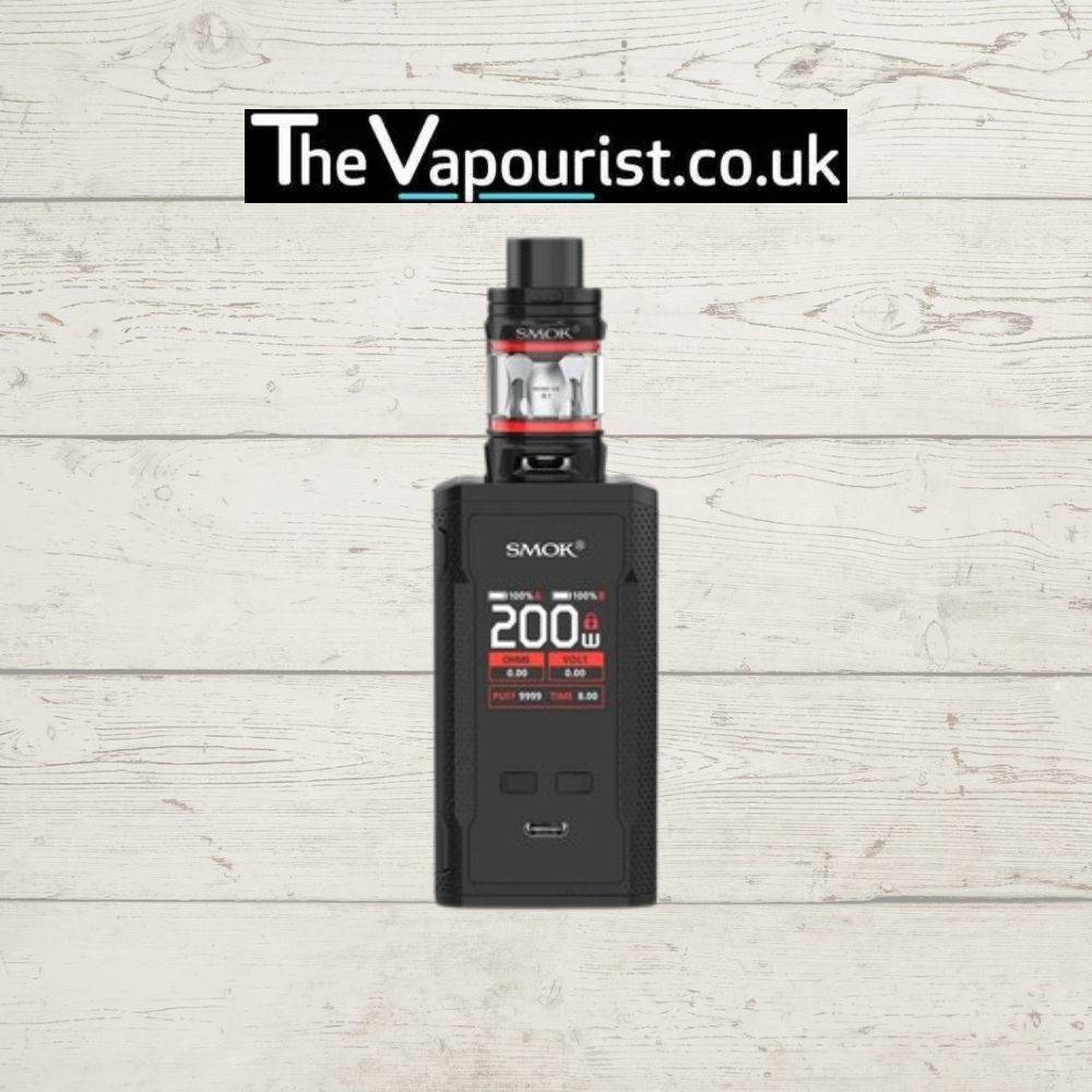 Black SMOK RKiss 2 Kit - Dual 18650 200W Vape with IQS Chipset and TFV Mini V2 Tank, displayed against a white wooden backdrop.