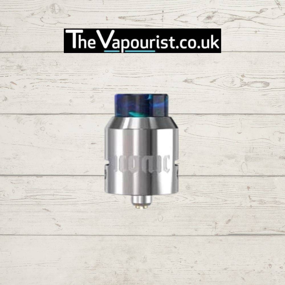 Stainless steel Vandy Vape Iconic RDA with resin drip tip, designed for high-performance vaping and optimal airflow control.