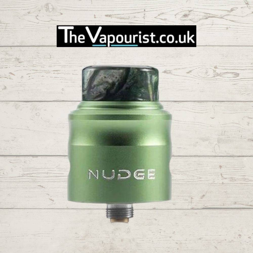 WOTOFO Nudge RDA 24mm in metallic green with resin drip tip, featuring airflow precision for enhanced e-liquid vaporisation.