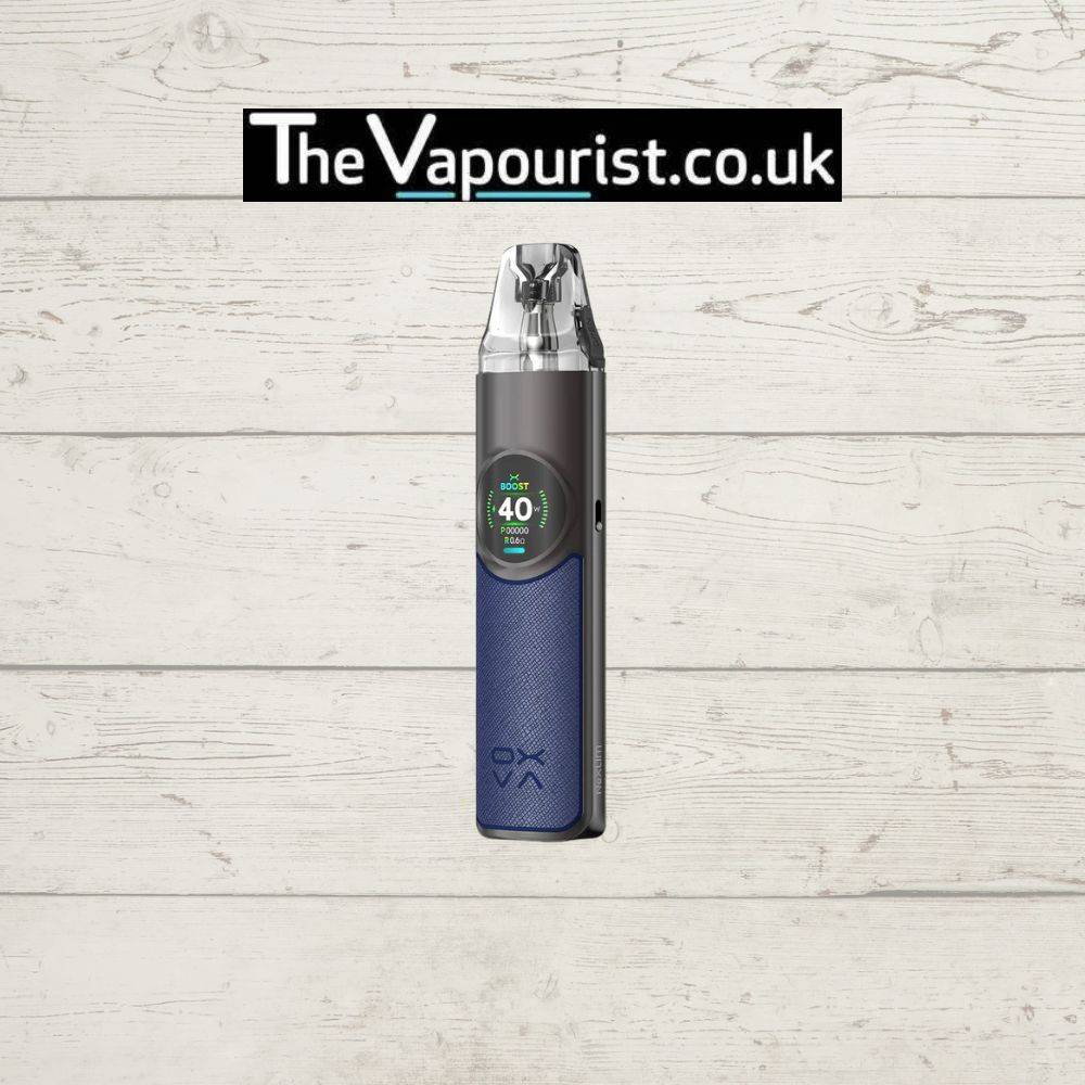 OXVA Nexlim Kit in navy blue with textured grip, combining portability and ultra-slim profile for discreet MTL vaping.