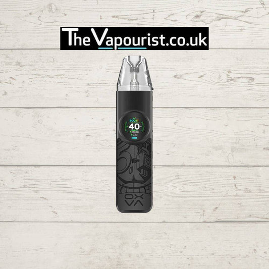 OXVA Nexlim Kit in matte black with graphic design, featuring ultra-slim profile and lightweight body for discreet MTL vaping.