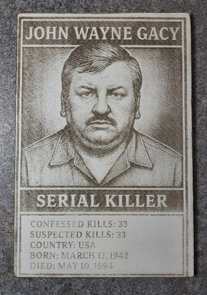 Degen Design Card #3 - John Wayne Gacy Collector features etched wood artwork of the serial killer with kill stats, ideal for true crime collectors.