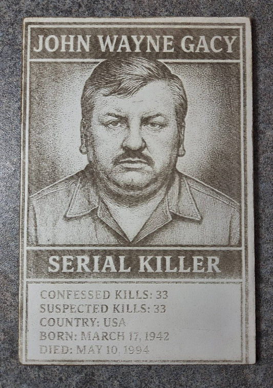 Degen Design Card #3 - John Wayne Gacy Collector features etched wood artwork of the serial killer with kill stats, ideal for true crime collectors.