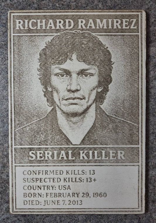 Richard Ramirez Collector Card - The Night Stalker engraved wood card featuring portrait, kill stats, and serial killer label for true crime collectors.