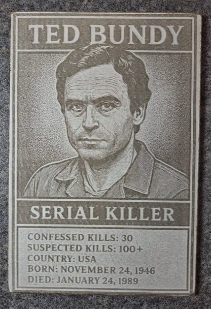 Degen Design Serial Killer Collector Card #2 Ted Bundy featuring engraved portrait, kill statistics, and biographical details in a dark art style.