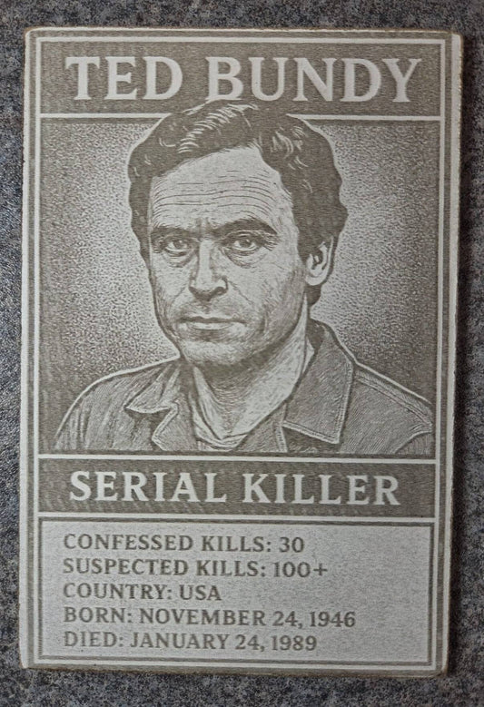 Degen Design Serial Killer Collector Card #2 Ted Bundy featuring engraved portrait, kill statistics, and biographical details in a dark art style.