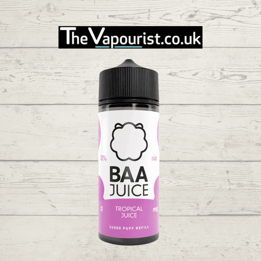Baa Juice Tropical Juice 100ml e-liquid bottle with purple label, designed for MTL vaping devices, available at TheVapourist.co.uk.