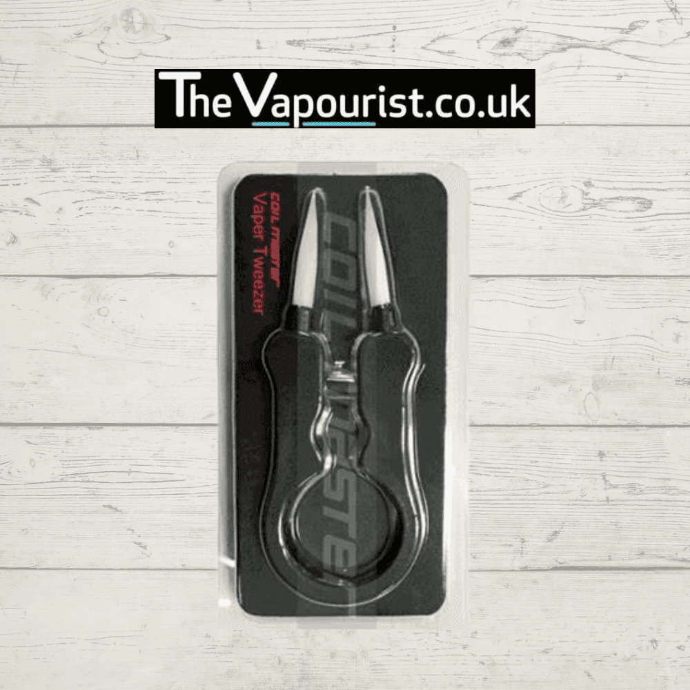 Coil Master Vape Tweezers with ceramic tips in retail packaging, ideal for rebuildable atomizers and tank loosening for vapers.