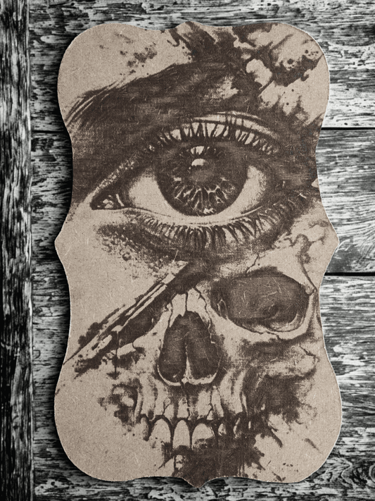 Eye & Skull Wood Plaque - Horror Artwork | Degen Design features a laser-etched eye and skull design on rustic wood, ideal for gothic home decor.