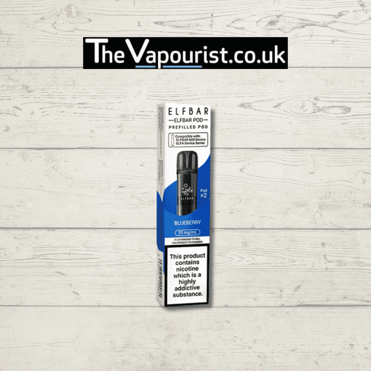 ELFBAR Blueberry Vape Pods with 20mg nic salt and QUAQ mesh tech, offering up to 600 puffs. Sold by The Vapourist in sleek white packaging.