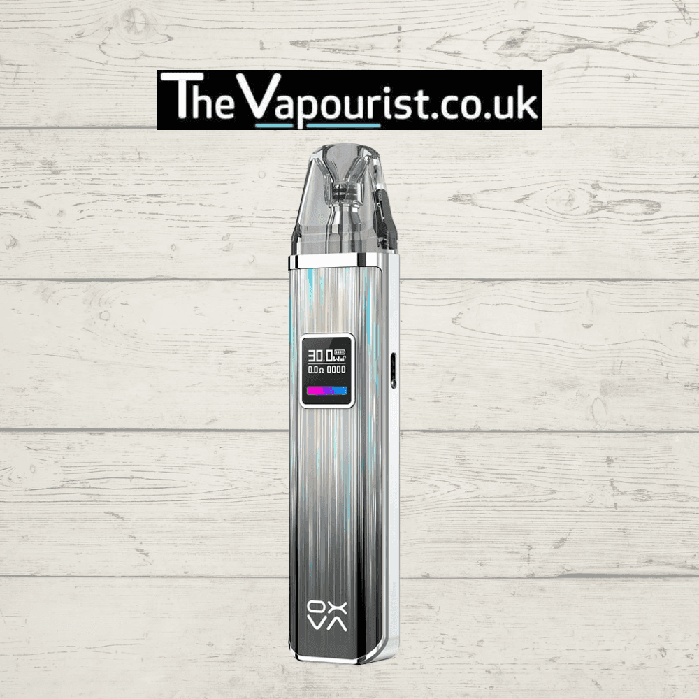 OXVA Xlim Pro Pod Kit in silver with vertical stripe finish, 30W display, compatible with Xlim Pods for premium MTL vaping experience.