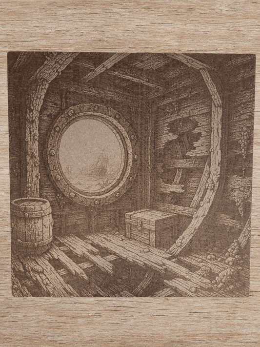 Wooden shipwreck art featuring a laser-engraved interior of a sunken ship with a porthole, barrel, and treasure chest. Nautical wall décor for home.