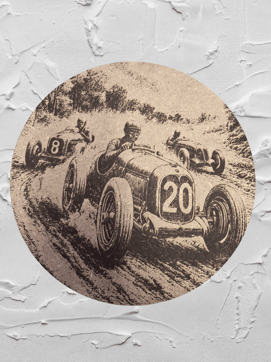 Wood Work - Vintage Car Race | Laser-Etched Wood Art featuring classic race cars on a dirt track. Ideal decor for motorsport and vintage car lovers.