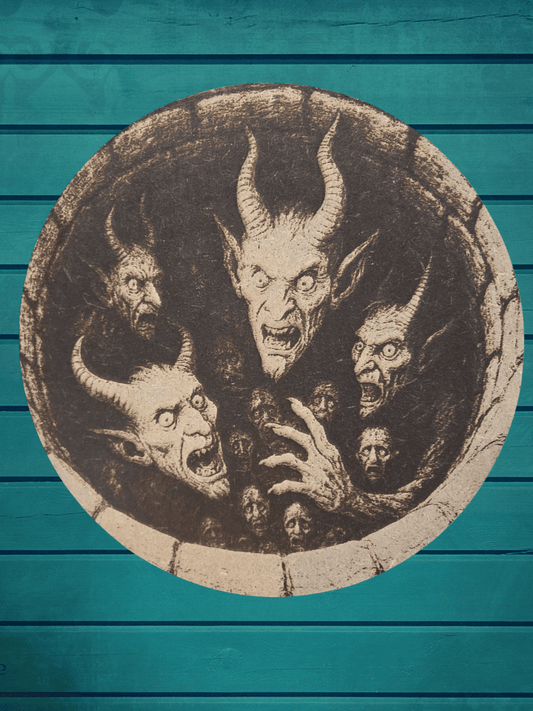 Horror Plaque - Demon Well Wood Art features laser-engraved demonic faces emerging from a well on MDF. Ideal for gothic or horror-themed home decor.